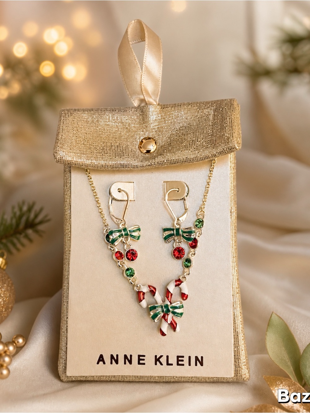 3 Pc  Anne Klein Silver Candy Cane Pendant Necklace & Earrings Set W/ Case New